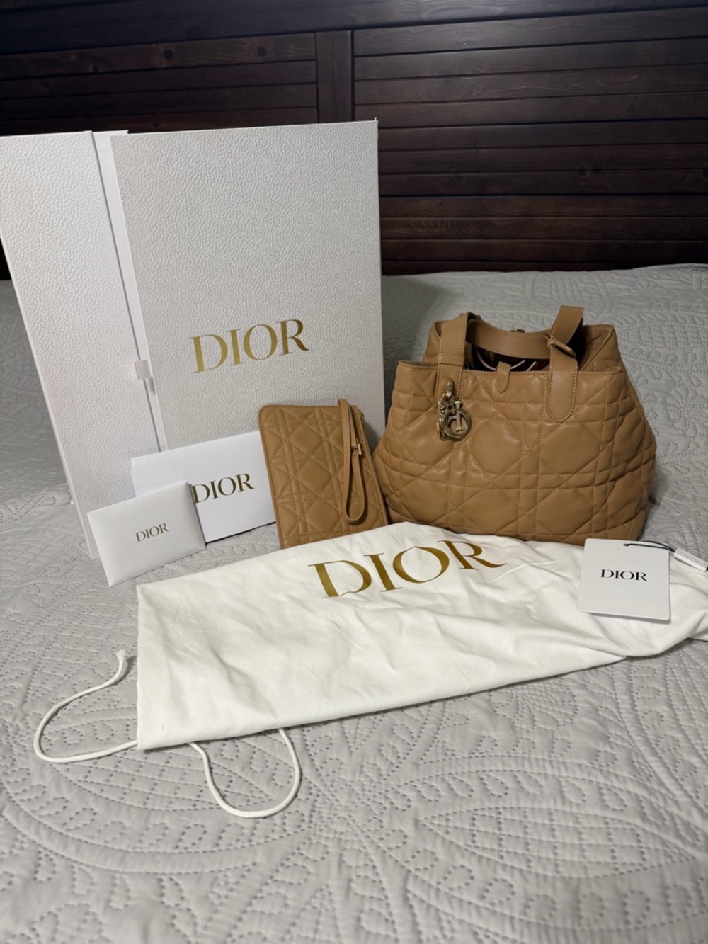 Dior Tan Quilted Tote with Matching Pouch and Gold Charm